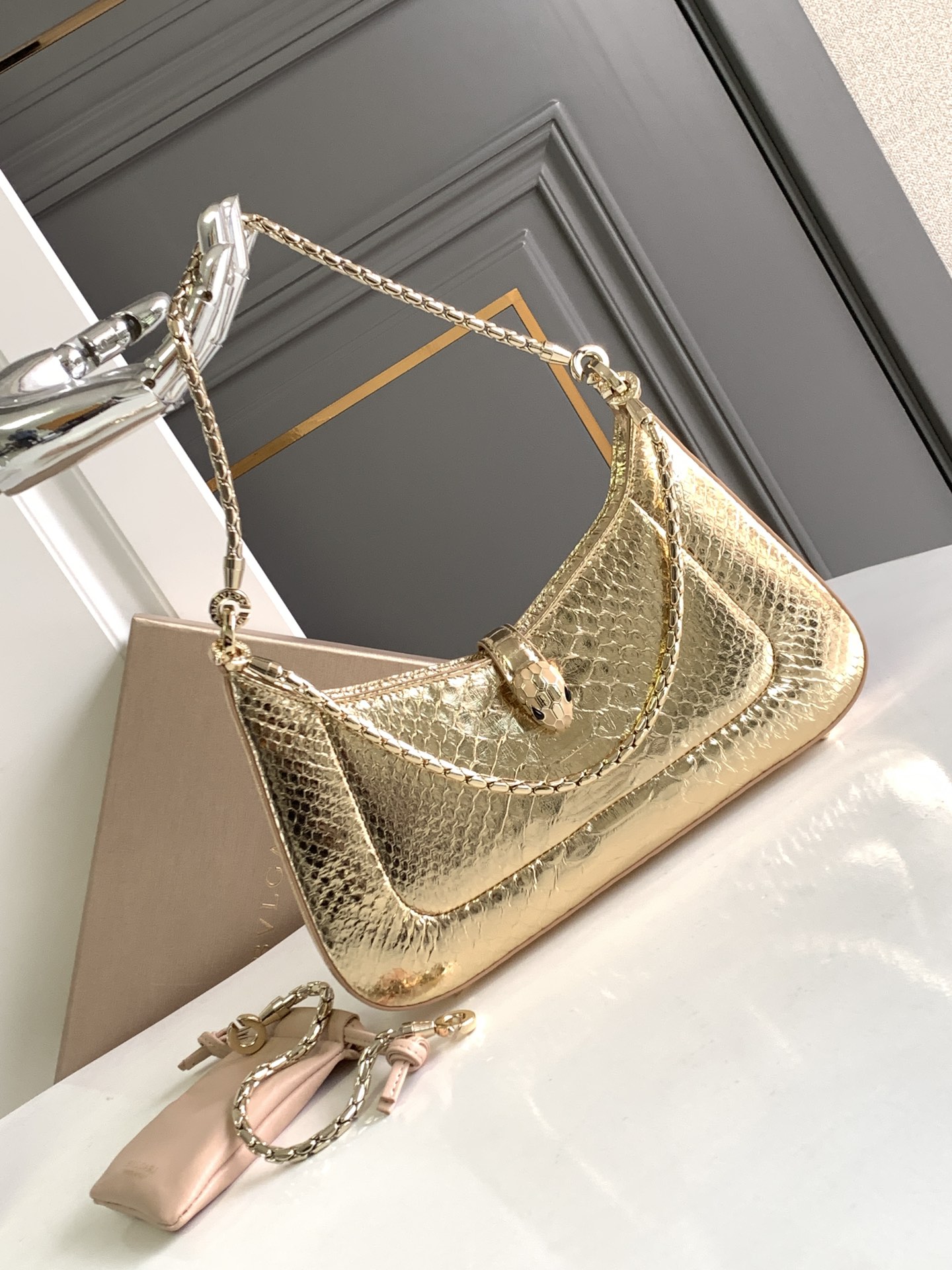 Bvlgari Serpenti Baia Shoulder Bag in Gold Python Skin